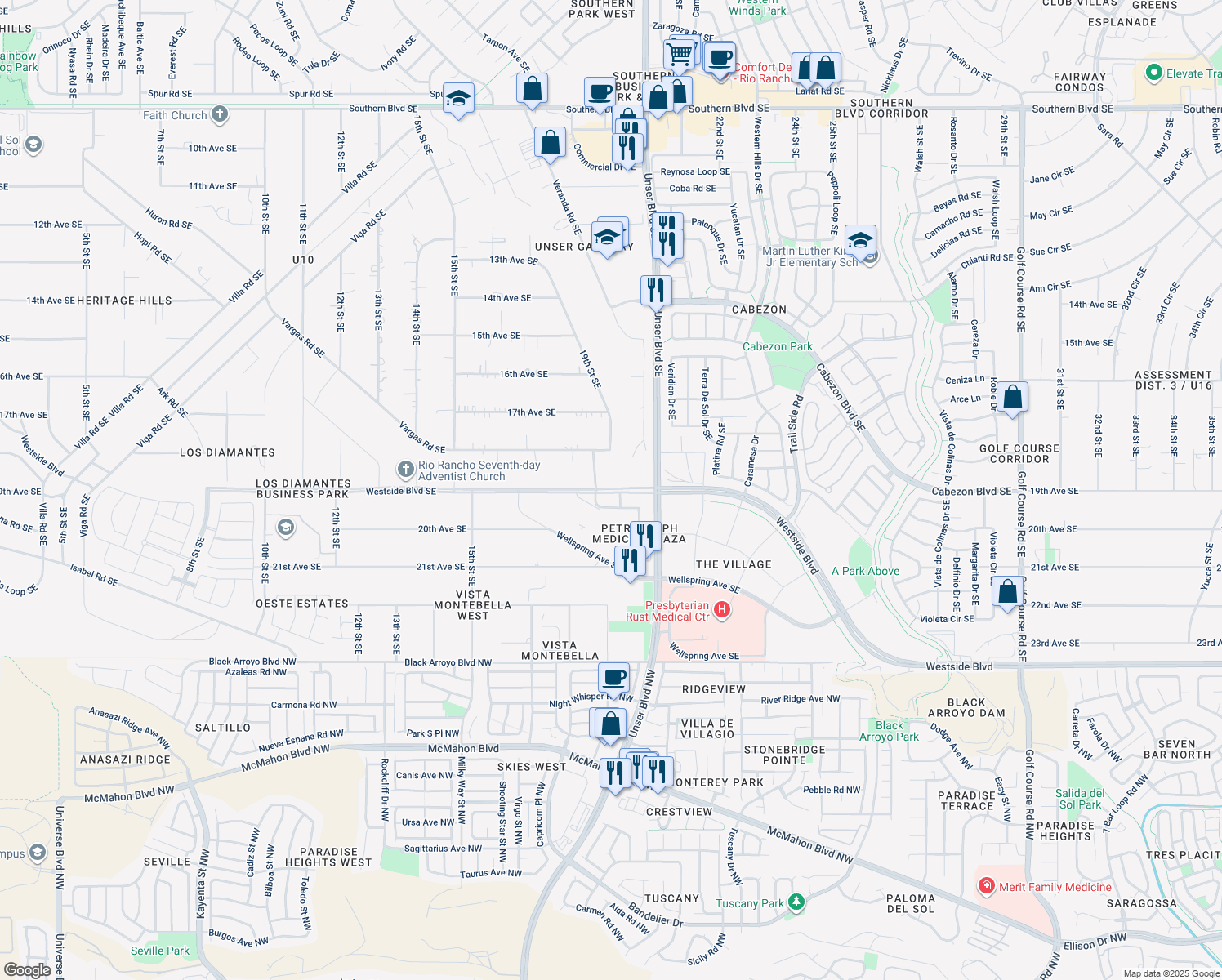 map of restaurants, bars, coffee shops, grocery stores, and more near 2410 19th Street Southeast in Rio Rancho