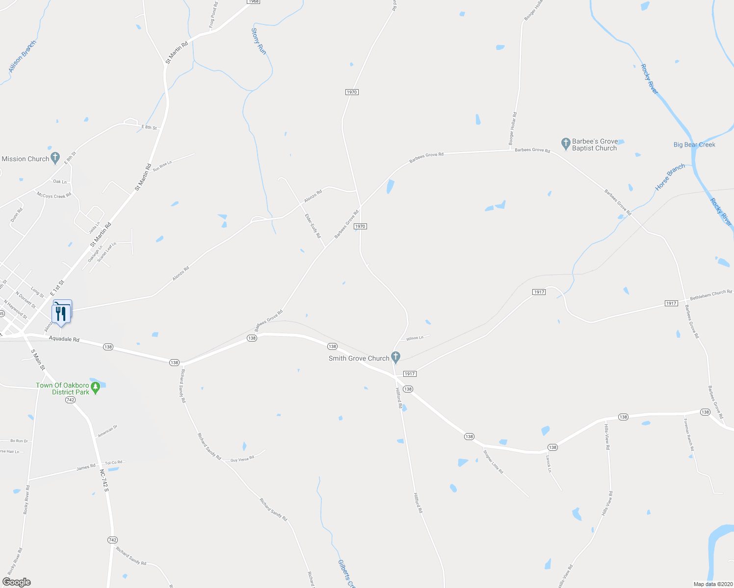 map of restaurants, bars, coffee shops, grocery stores, and more near 12013 Hazard Road in Oakboro