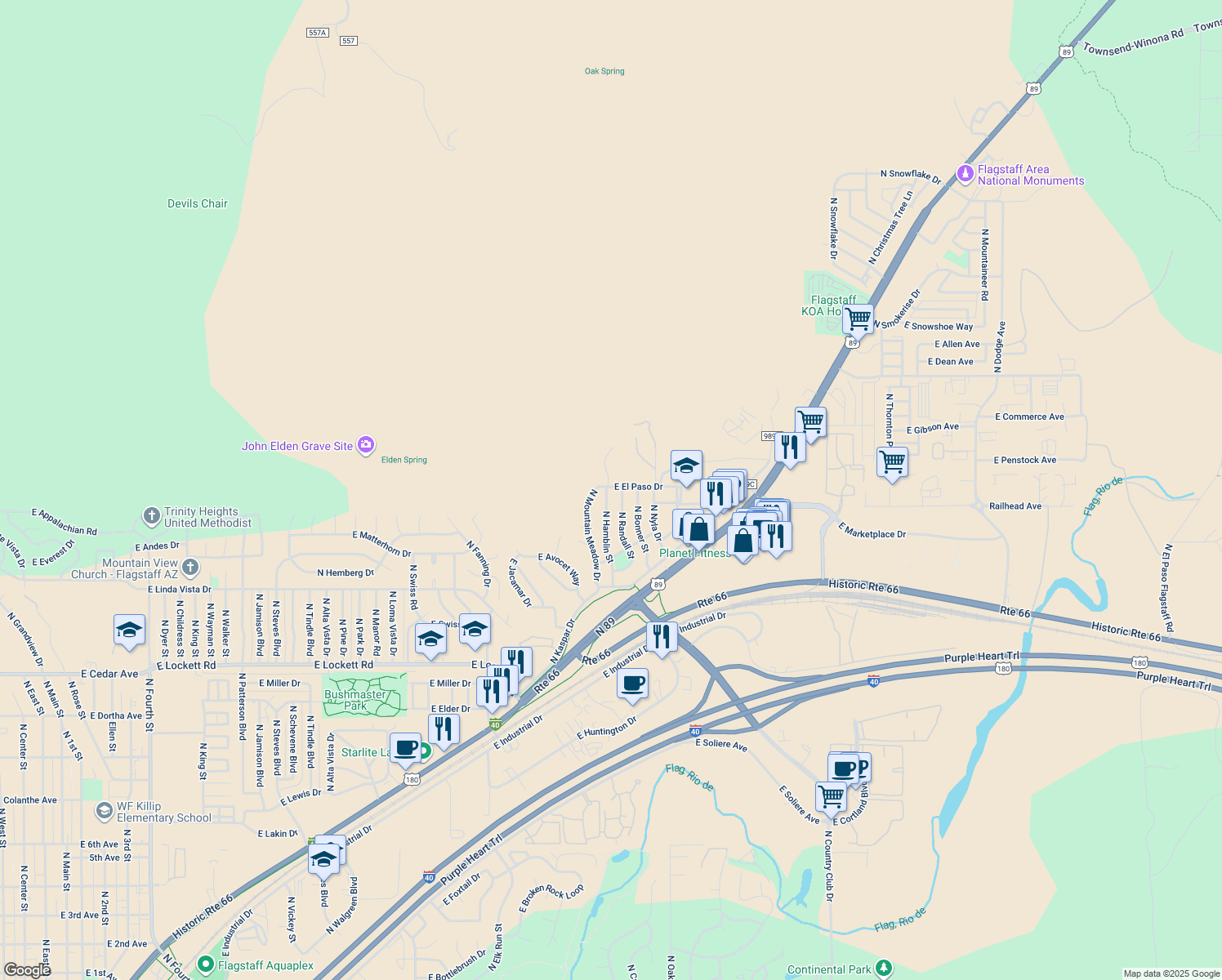 map of restaurants, bars, coffee shops, grocery stores, and more near 4530 N Hamblin St in Flagstaff