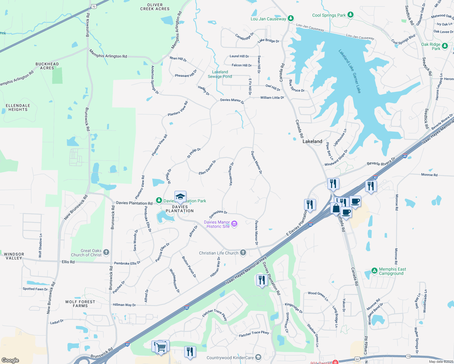 map of restaurants, bars, coffee shops, grocery stores, and more near 3689 Vanderschaff Drive in Memphis