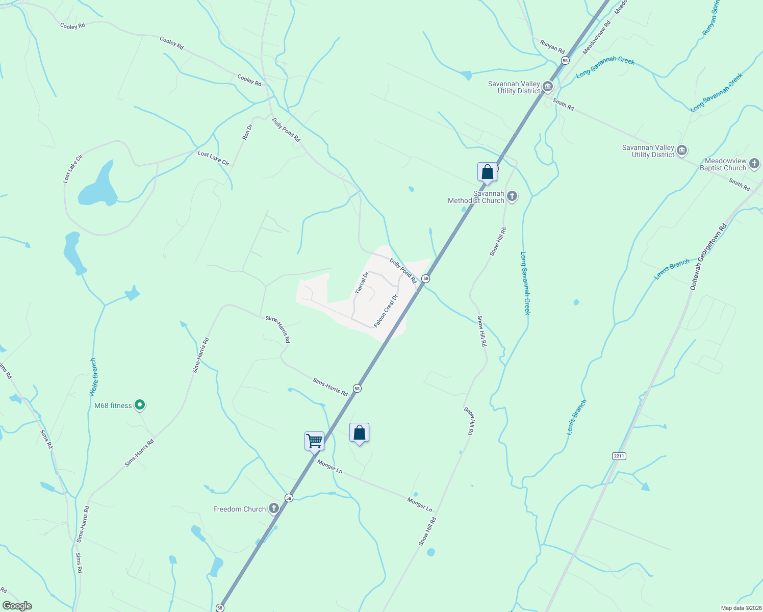 map of restaurants, bars, coffee shops, grocery stores, and more near 10108 Falcon Crest Drive in Ooltewah