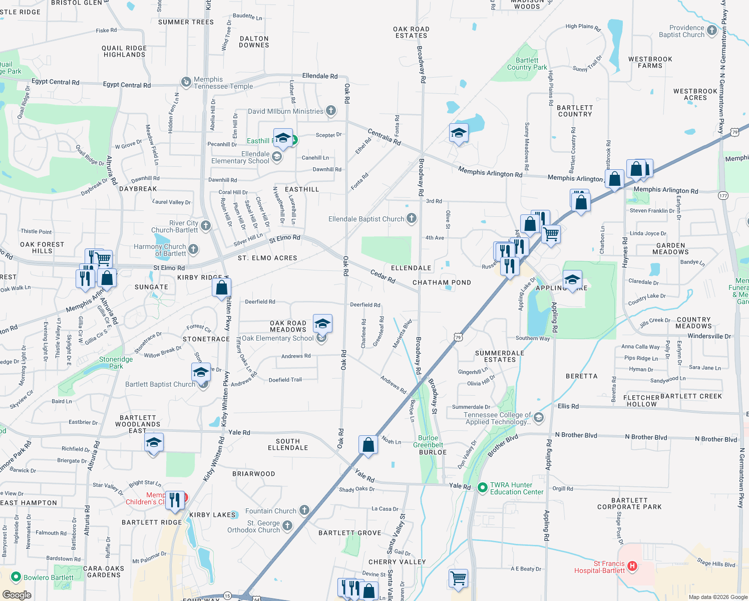map of restaurants, bars, coffee shops, grocery stores, and more near 7198 Deerfield Road in Memphis