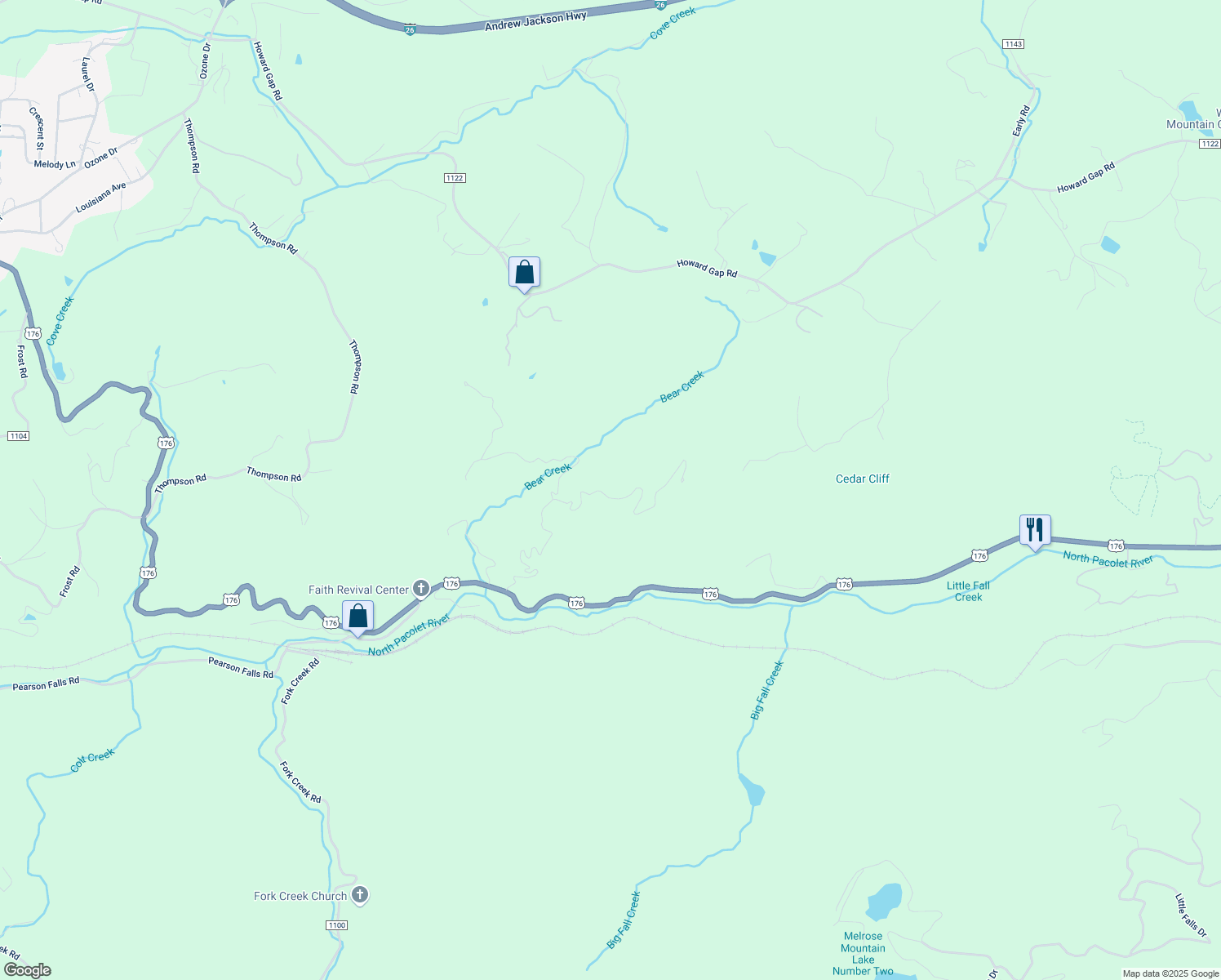 map of restaurants, bars, coffee shops, grocery stores, and more near 841 Bear Creek Lane in Saluda