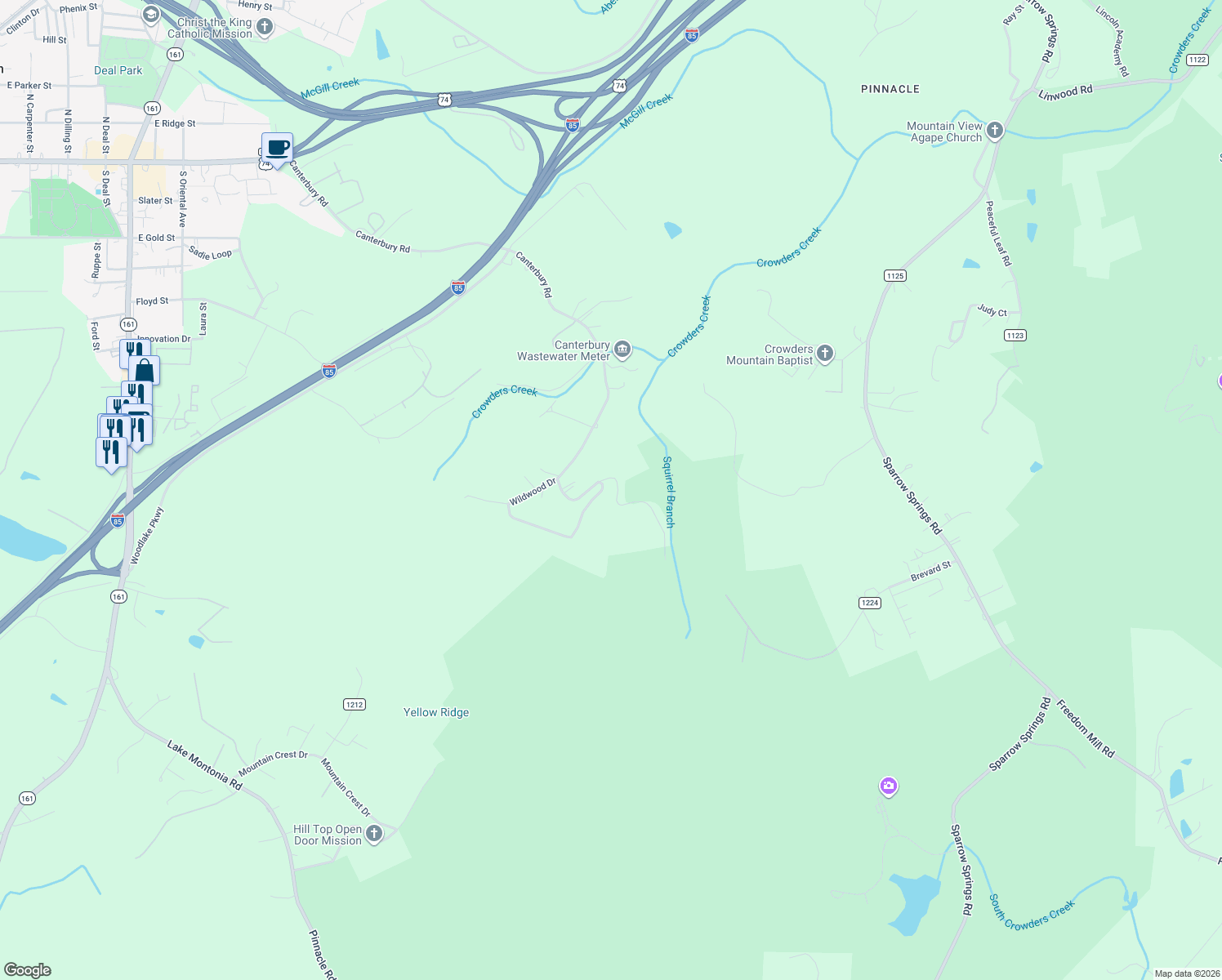 map of restaurants, bars, coffee shops, grocery stores, and more near 815 Canterbury Road in Kings Mountain