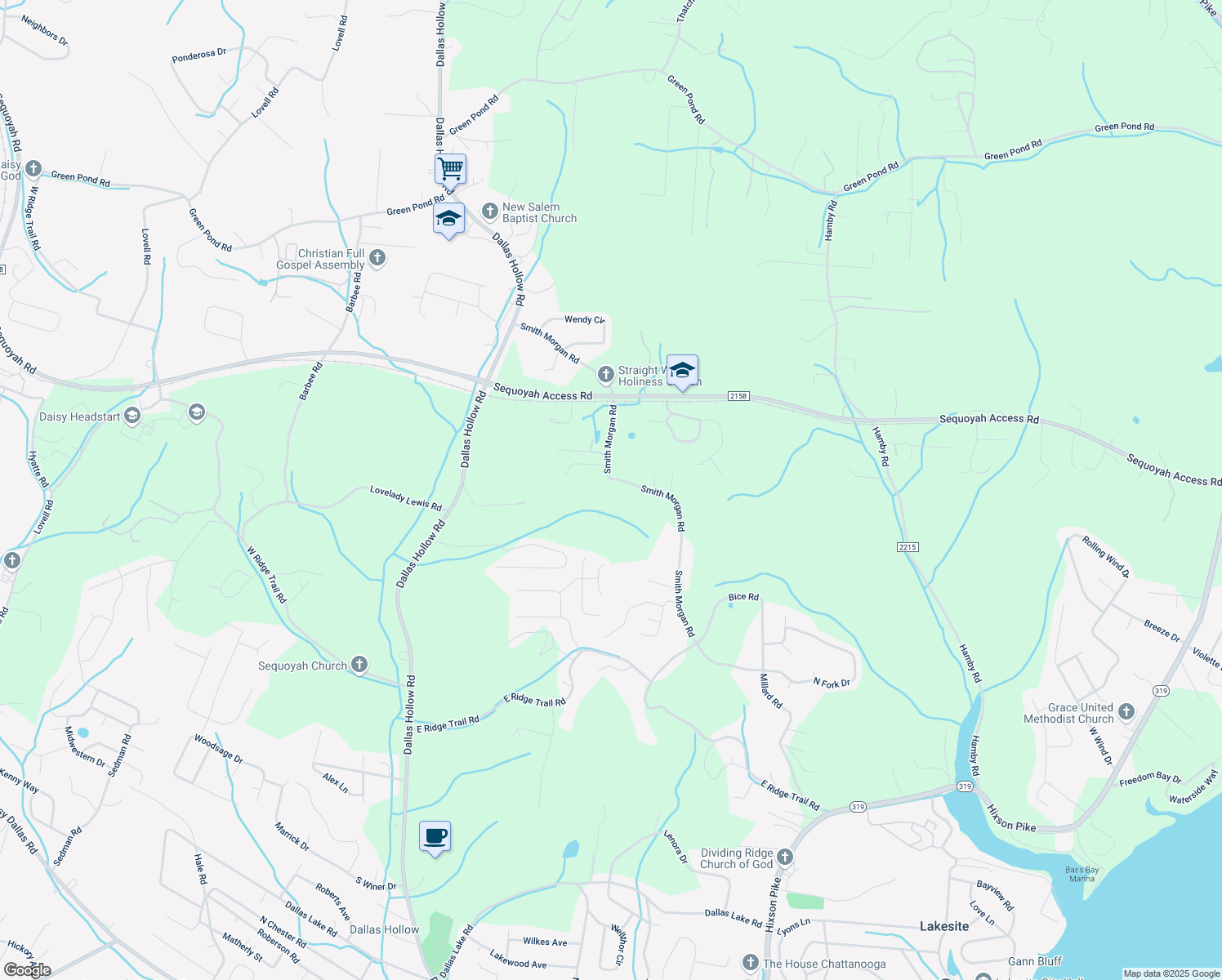 map of restaurants, bars, coffee shops, grocery stores, and more near 9731 Smith Morgan Road in Soddy-Daisy