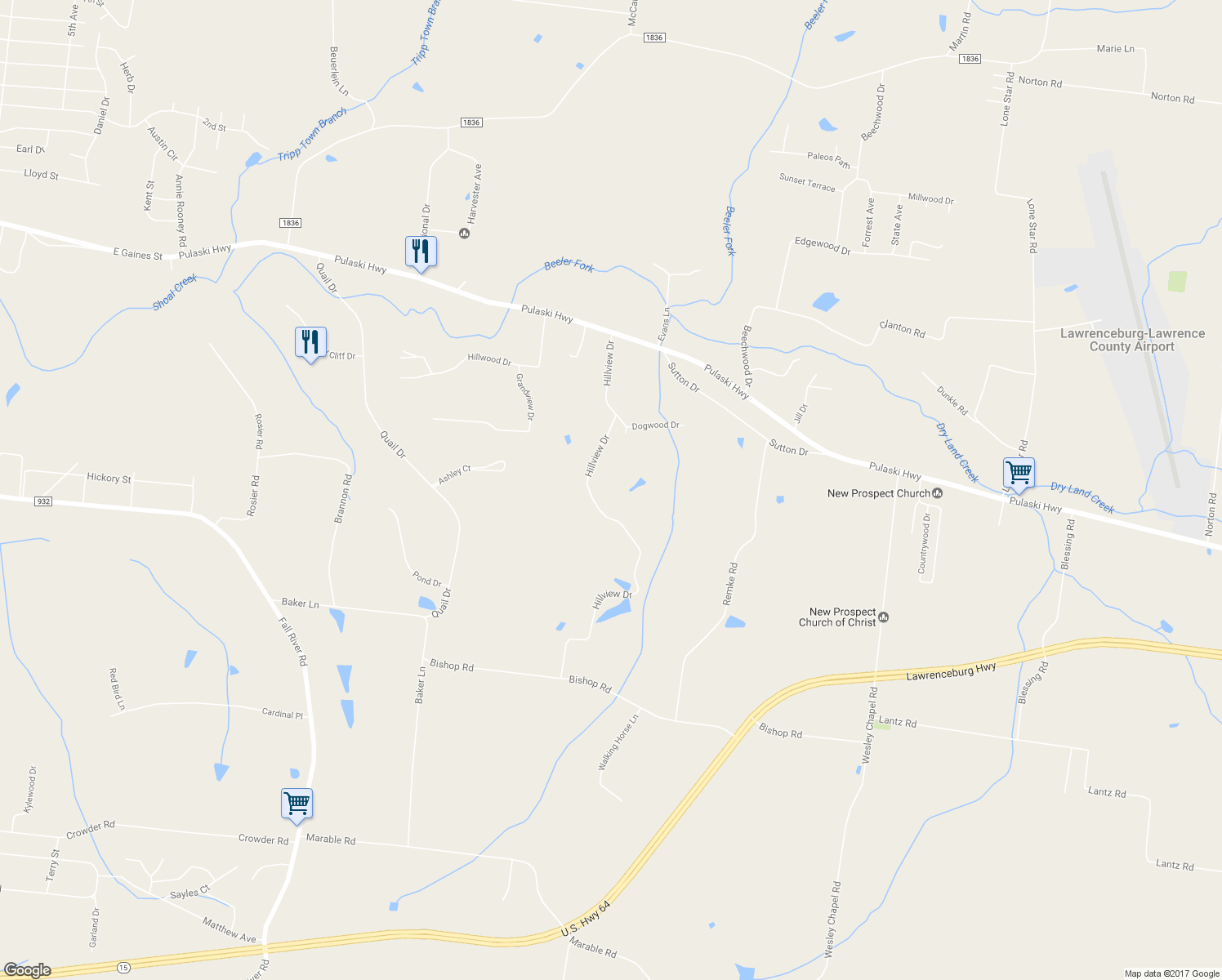map of restaurants, bars, coffee shops, grocery stores, and more near 491 Hillview Drive in Lawrenceburg