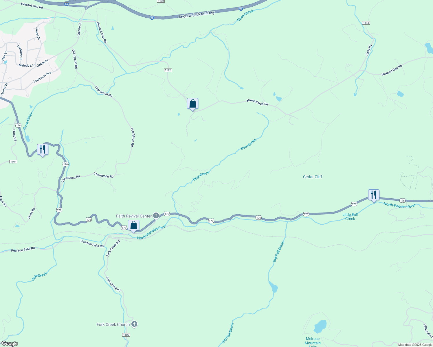 map of restaurants, bars, coffee shops, grocery stores, and more near 841 Bear Creek Lane in Saluda