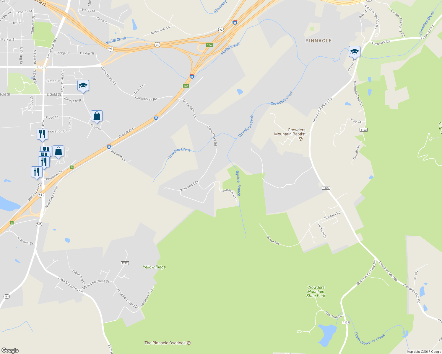 map of restaurants, bars, coffee shops, grocery stores, and more near 815 Canterbury Road in Kings Mountain