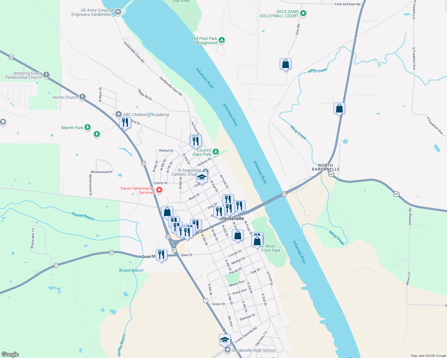 map of restaurants, bars, coffee shops, grocery stores, and more near 914 N Front St in Dardanelle