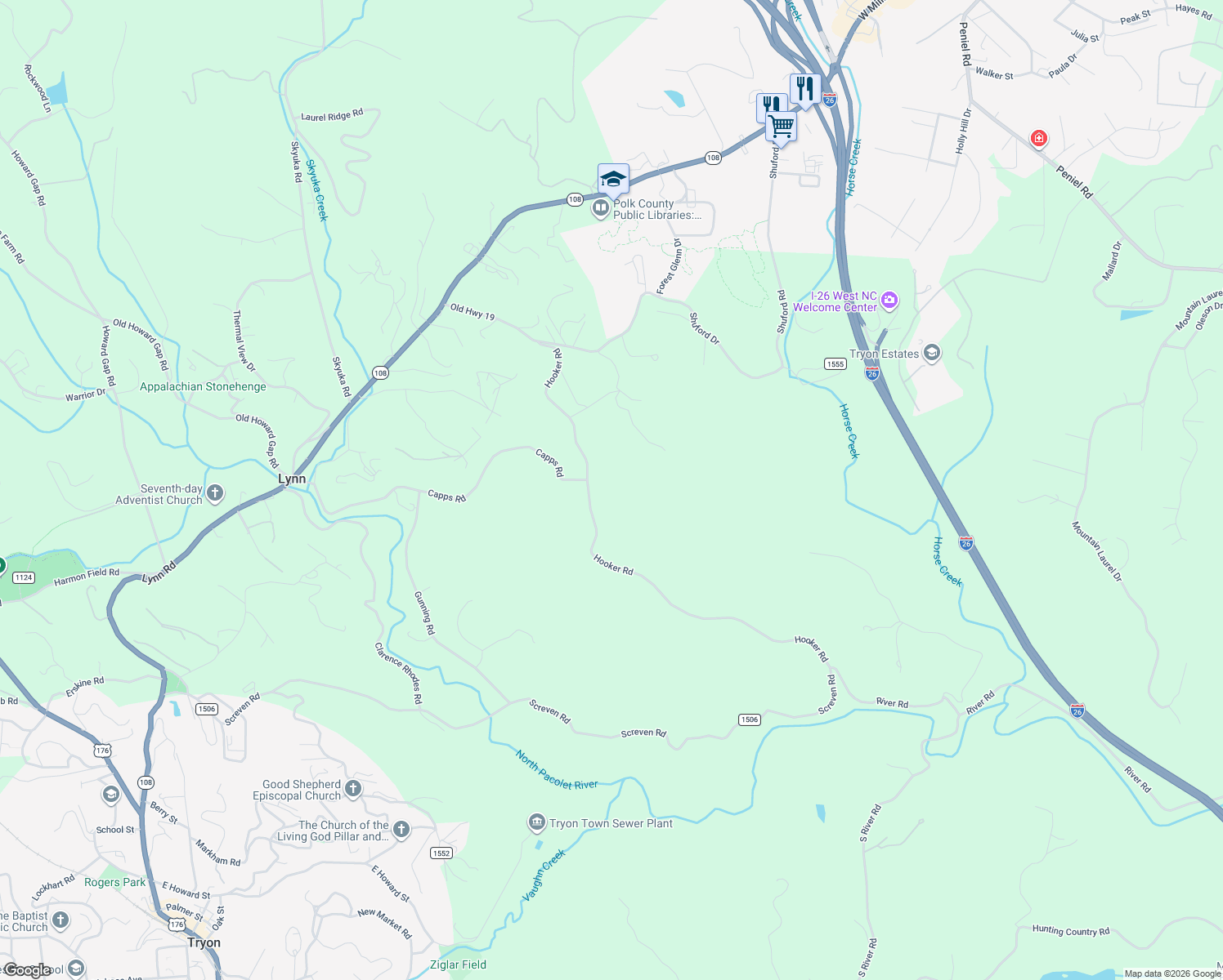 map of restaurants, bars, coffee shops, grocery stores, and more near 607 Hooker Road in Tryon