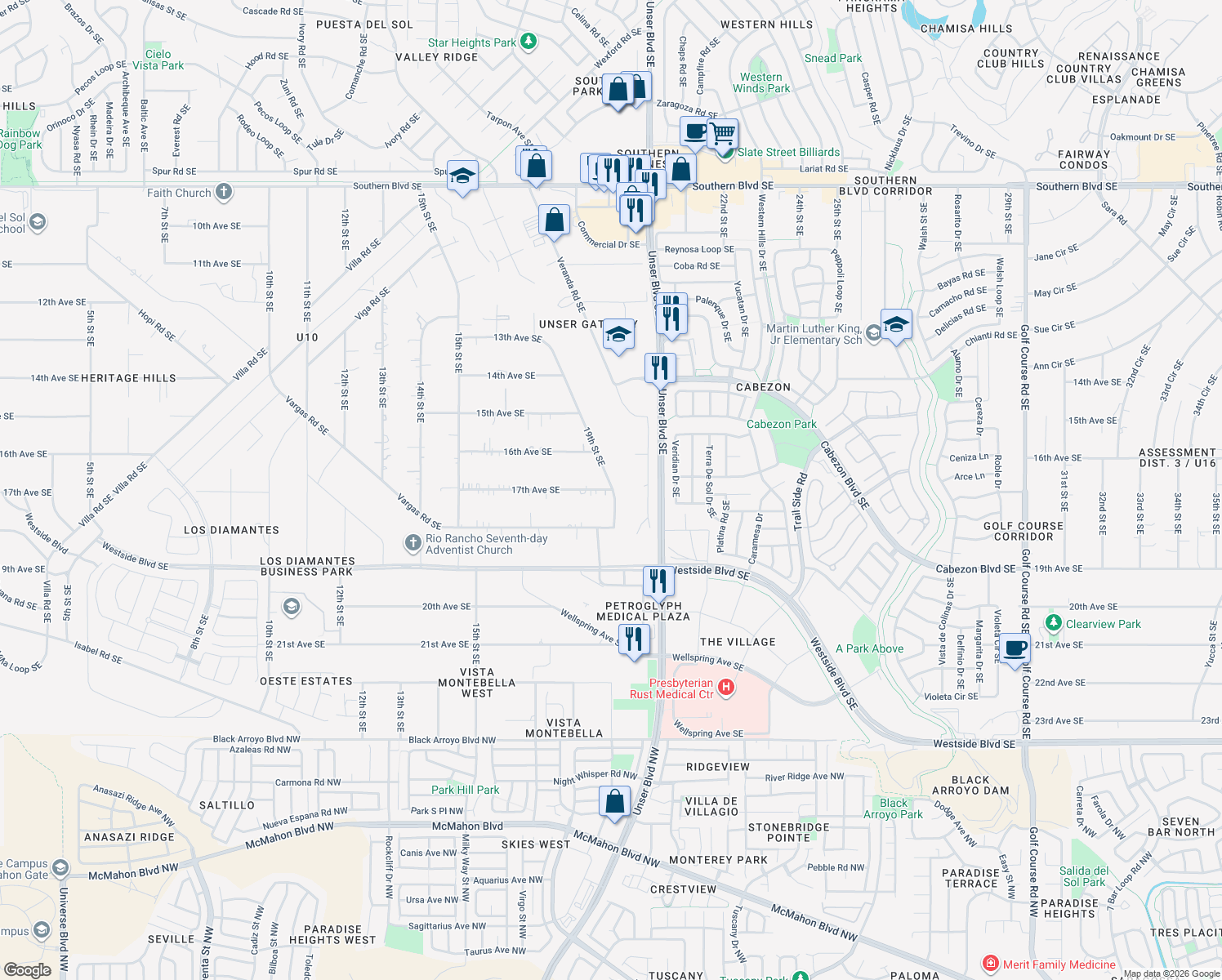 map of restaurants, bars, coffee shops, grocery stores, and more near 1899 17th Ave SE in Rio Rancho