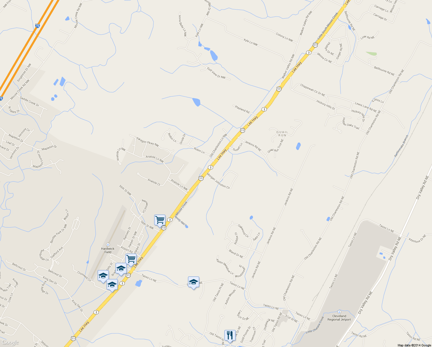 map of restaurants, bars, coffee shops, grocery stores, and more near 6210 N Lee Hwy in Cleveland