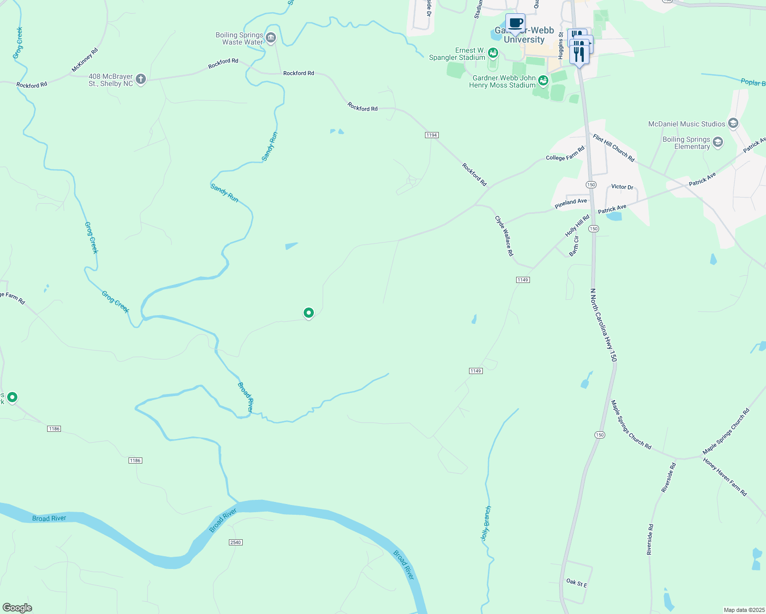 map of restaurants, bars, coffee shops, grocery stores, and more near 133 Elkwood Drive in Shelby