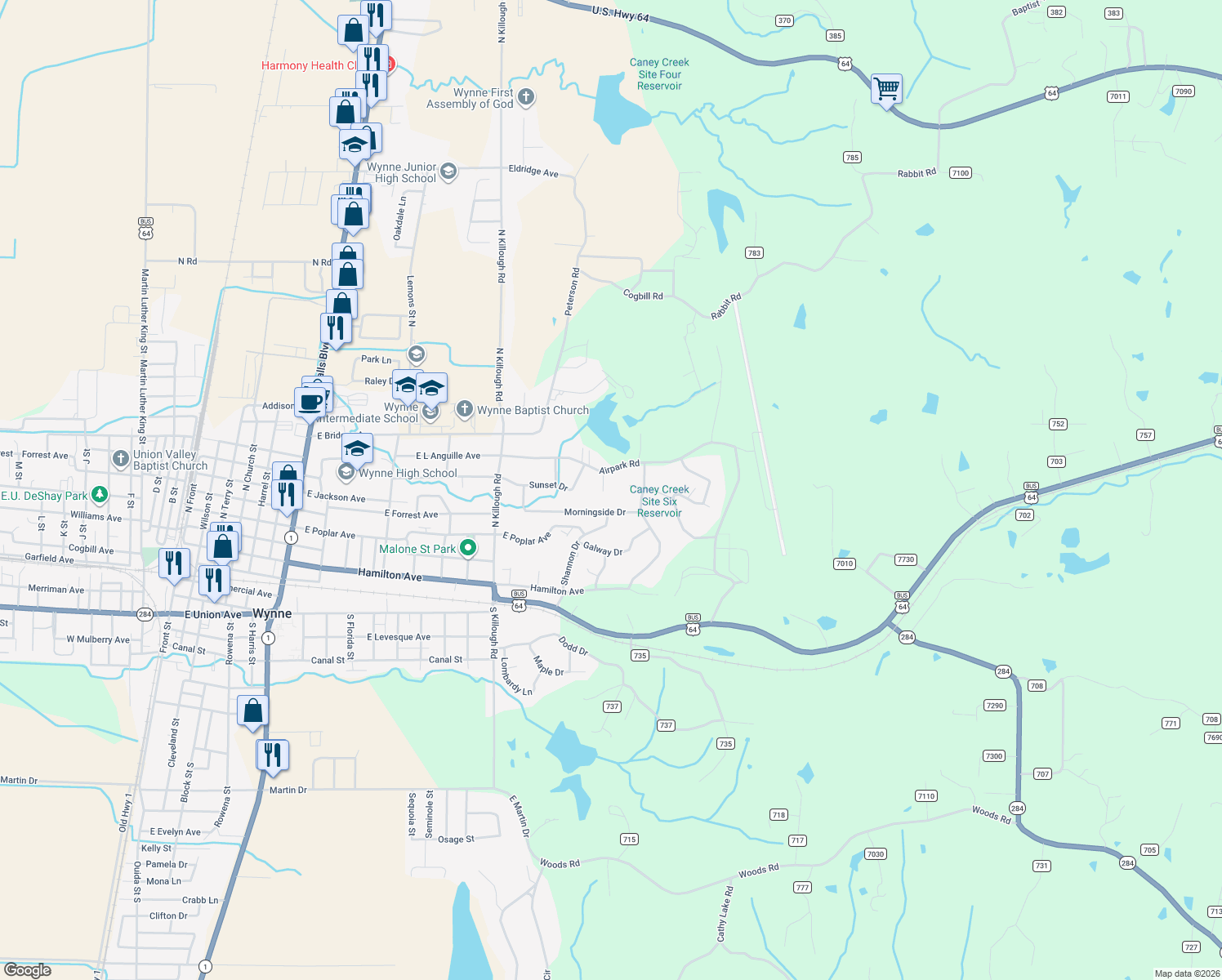 map of restaurants, bars, coffee shops, grocery stores, and more near 5 Woodlawn Circle in Wynne