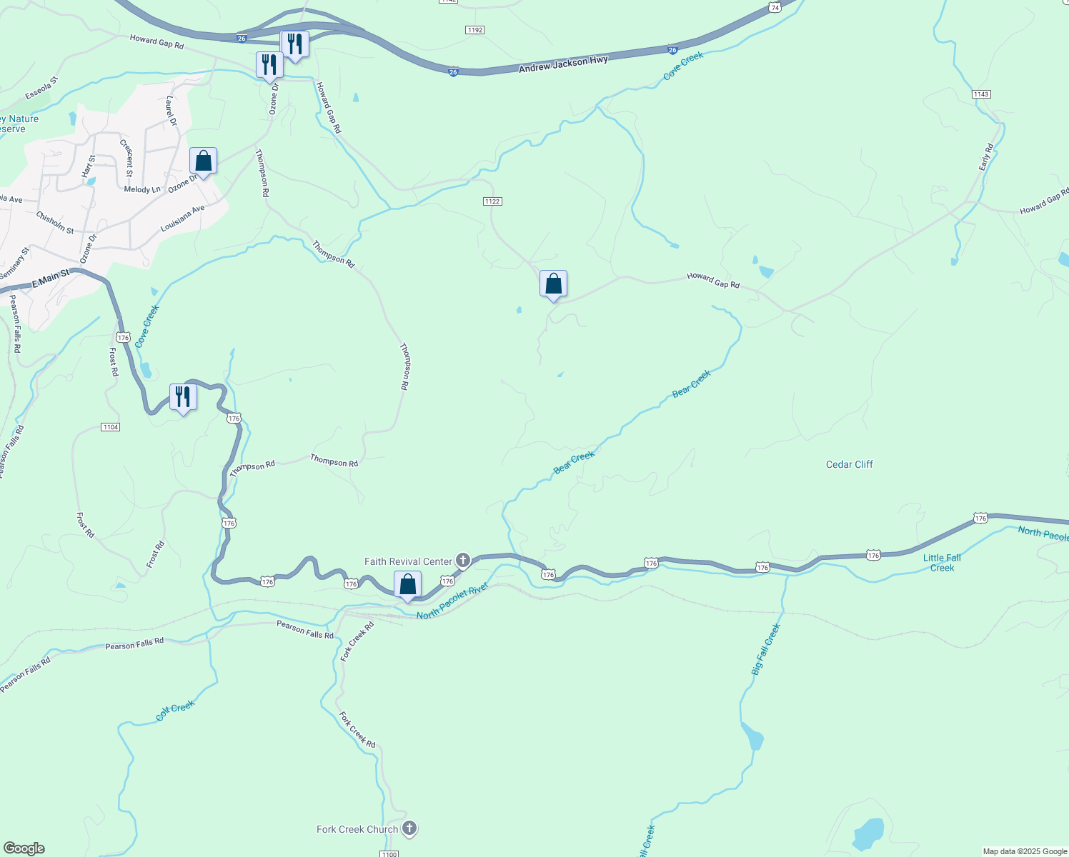 map of restaurants, bars, coffee shops, grocery stores, and more near 38 Buzzards Rest Trail in Saluda