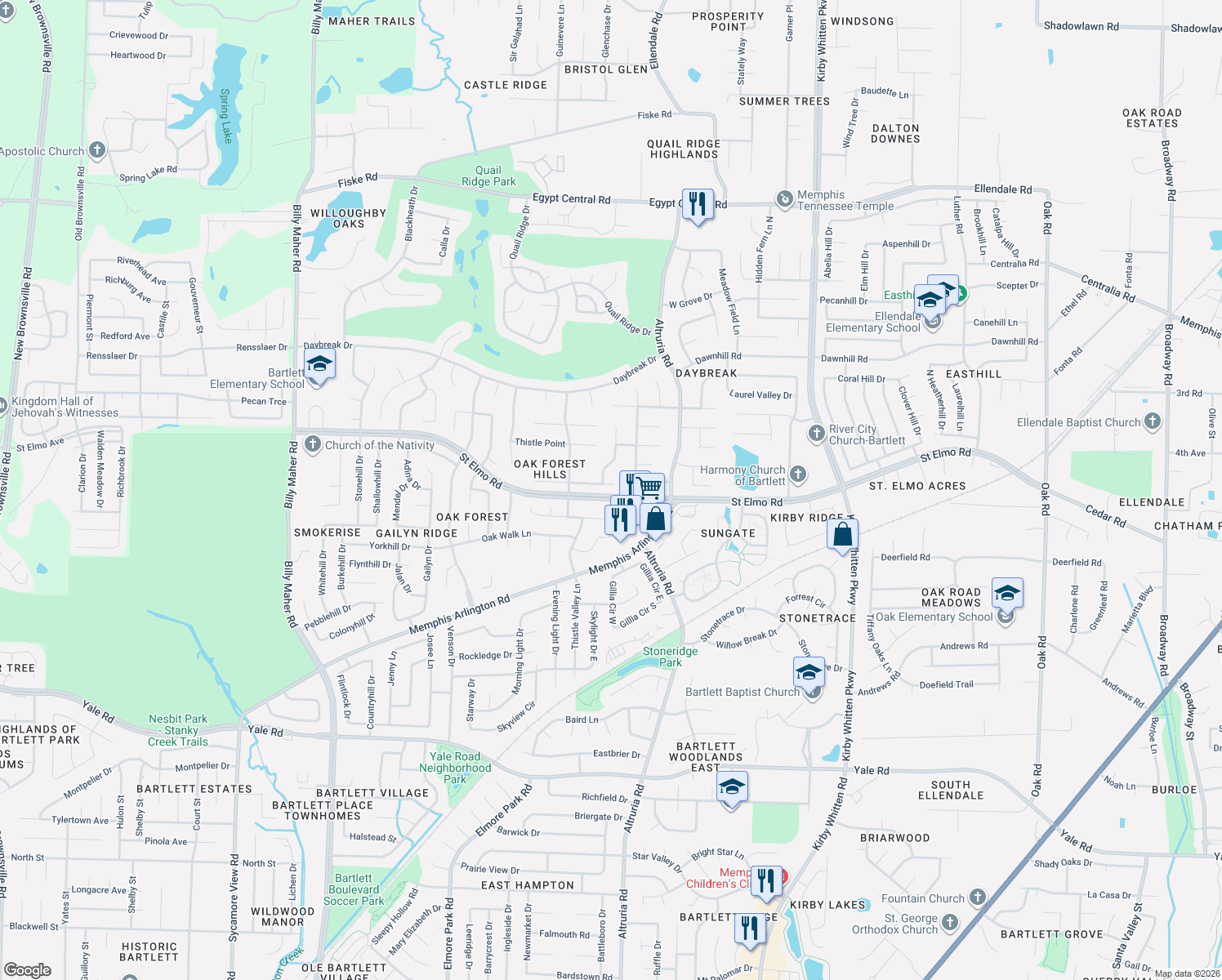 map of restaurants, bars, coffee shops, grocery stores, and more near 6437 Grassy Point Cove in Memphis