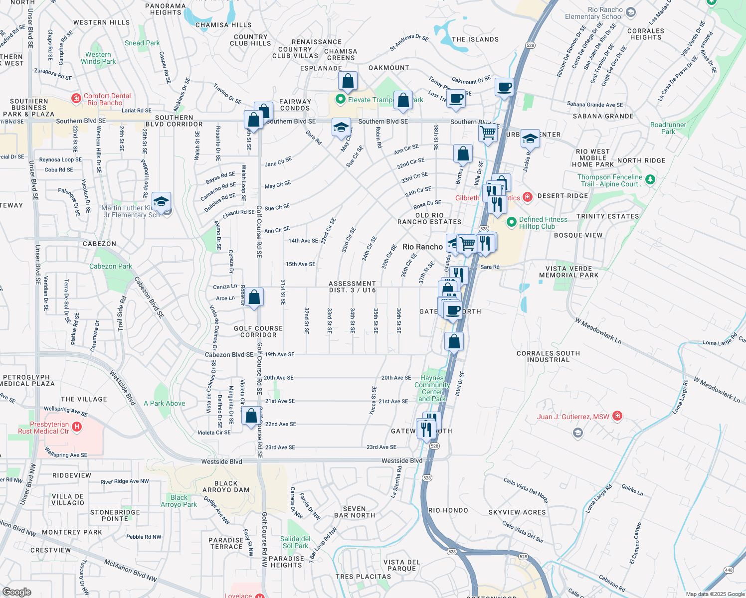 map of restaurants, bars, coffee shops, grocery stores, and more near 1613 35th Street Southeast in Rio Rancho
