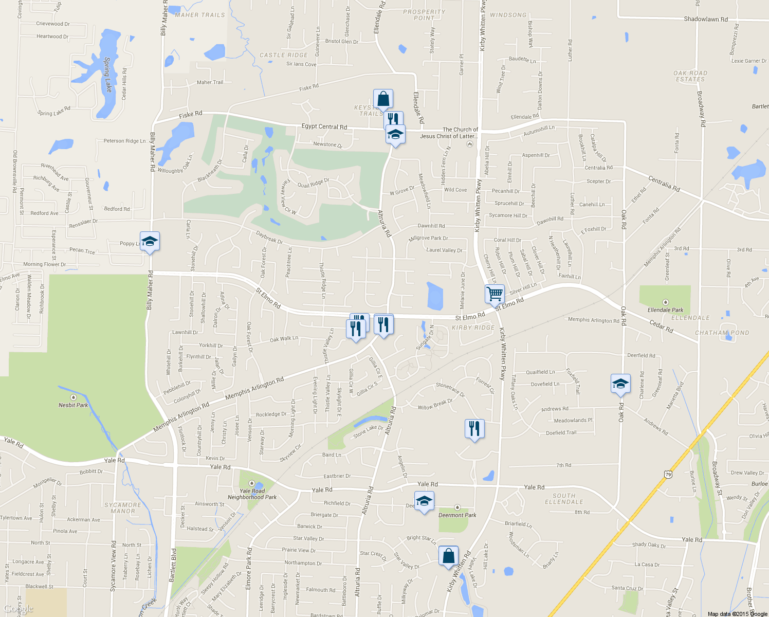 map of restaurants, bars, coffee shops, grocery stores, and more near 3785 Altruria Rd in Memphis