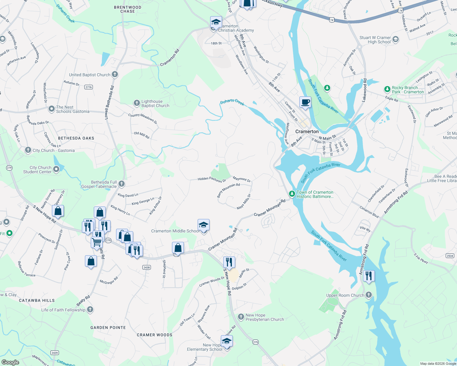 map of restaurants, bars, coffee shops, grocery stores, and more near 110 Berry Mountain Road in Cramerton