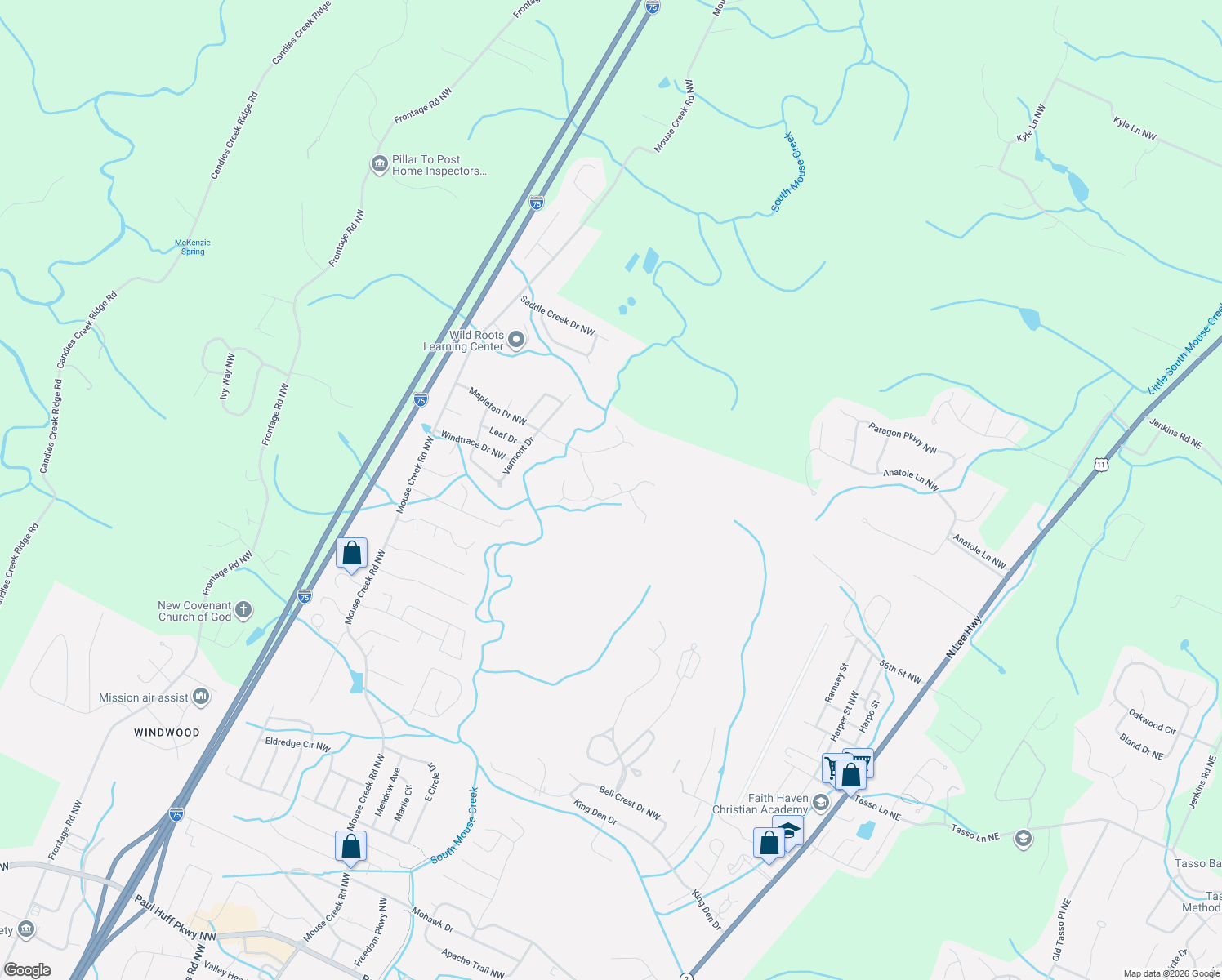 map of restaurants, bars, coffee shops, grocery stores, and more near 122 Shadow Crest Trail Northwest in Cleveland