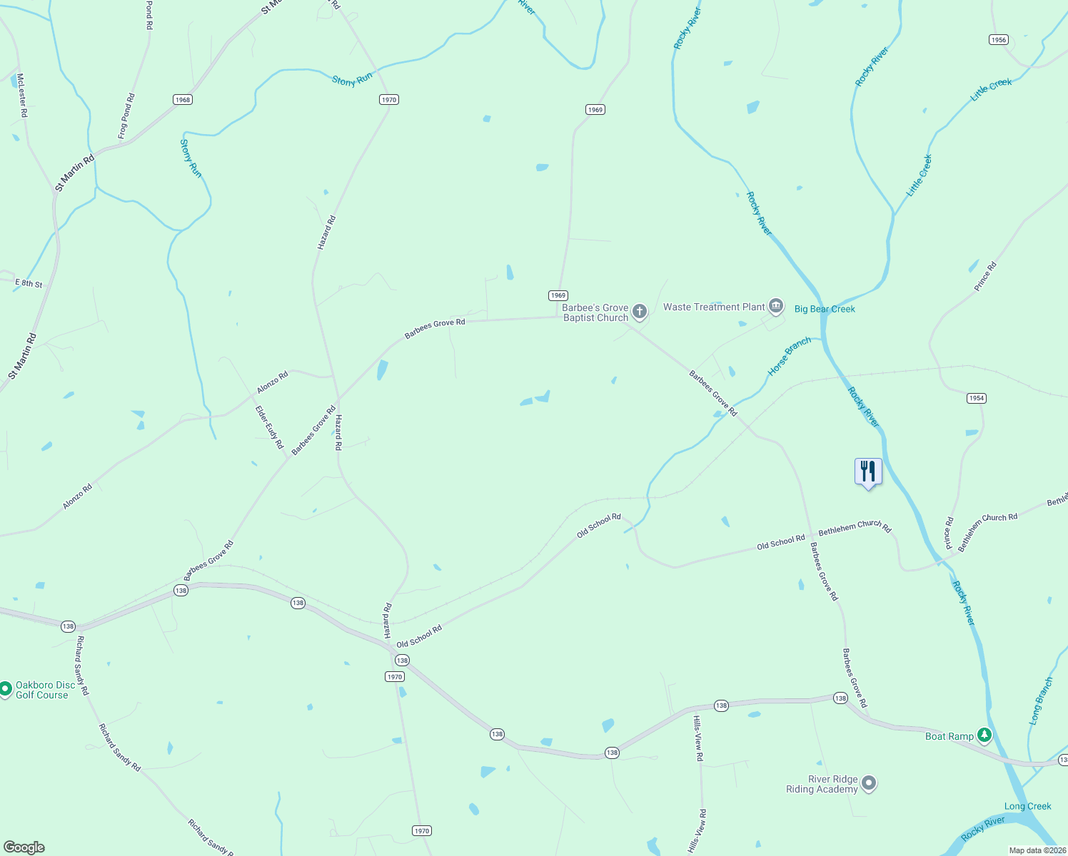 map of restaurants, bars, coffee shops, grocery stores, and more near Barbees Grove Road in Oakboro