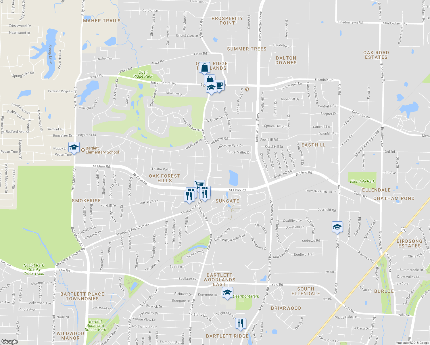 map of restaurants, bars, coffee shops, grocery stores, and more near 3845 North Bluff Point in Memphis