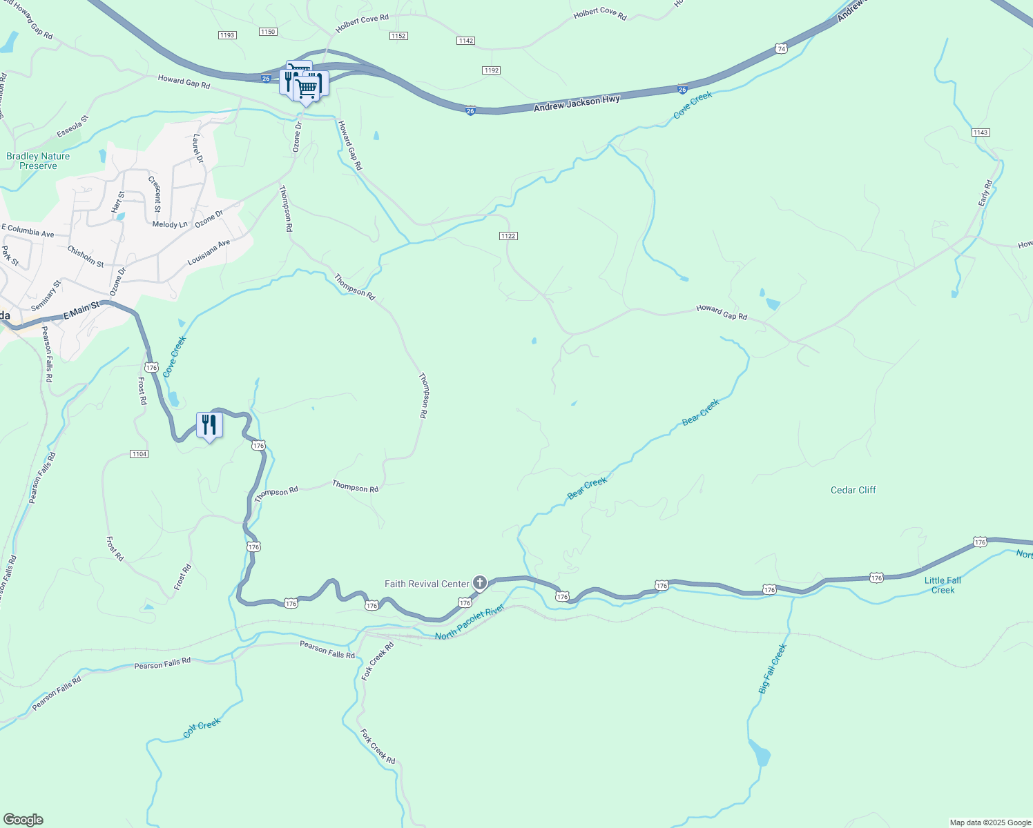 map of restaurants, bars, coffee shops, grocery stores, and more near 38 Buzzards Rest Trail in Saluda