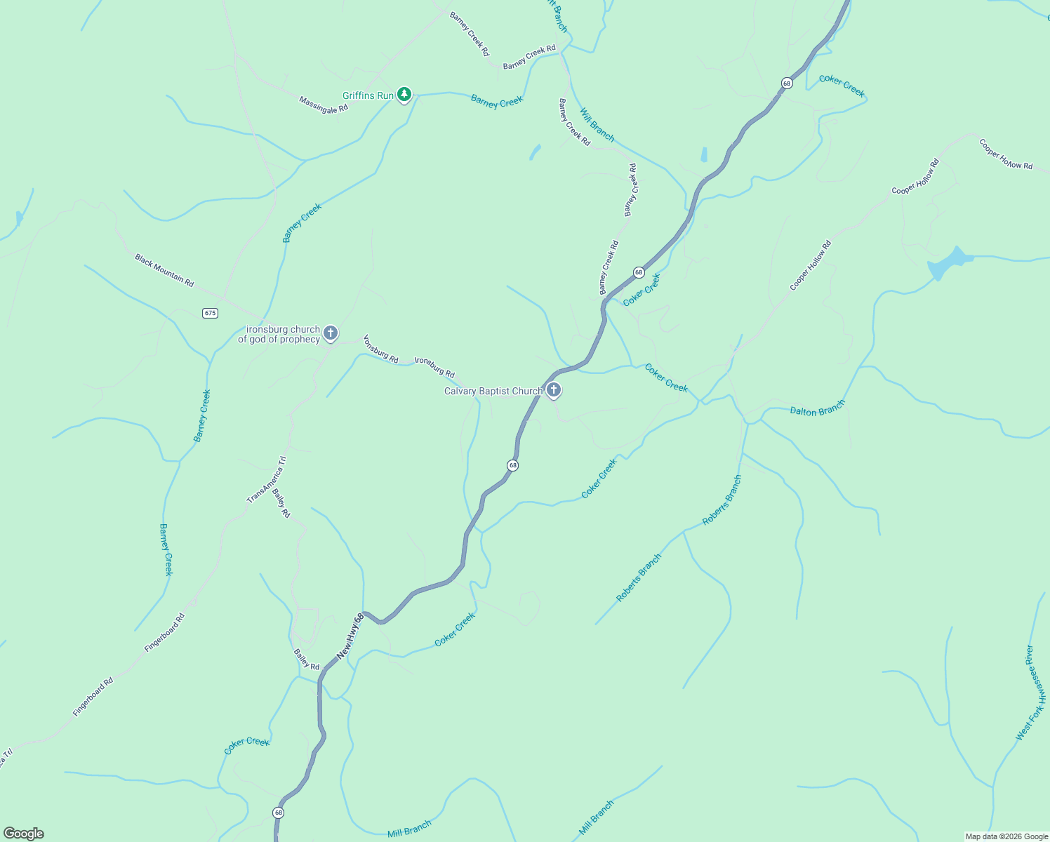 map of restaurants, bars, coffee shops, grocery stores, and more near 13334 Tennessee 68 in Tellico Plains