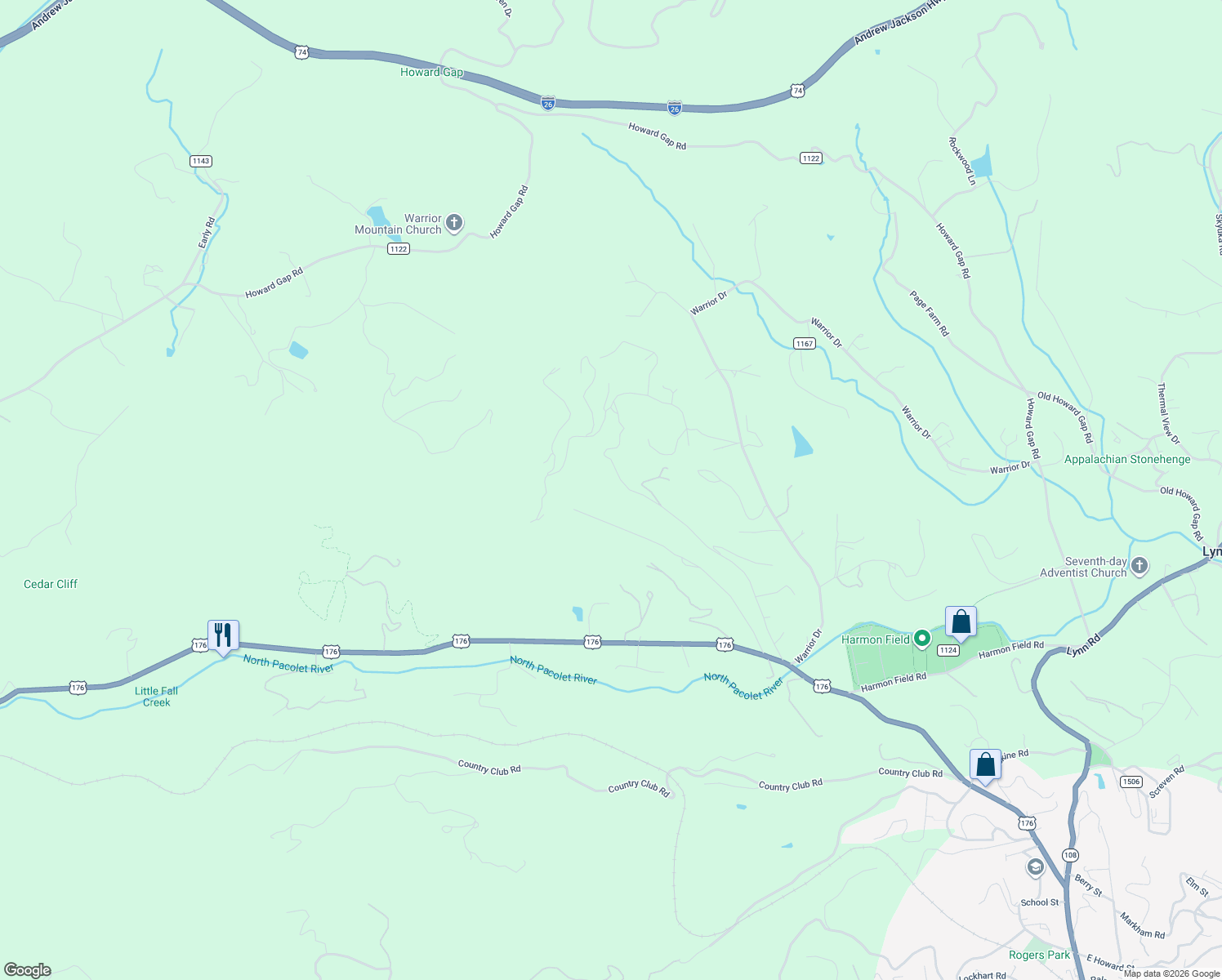 map of restaurants, bars, coffee shops, grocery stores, and more near 707 Warrior Mountain Road in Tryon