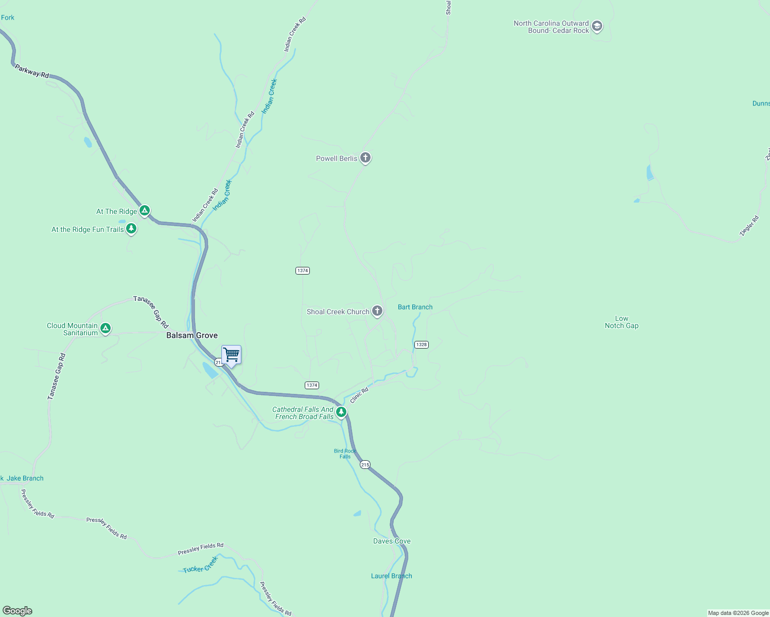 map of restaurants, bars, coffee shops, grocery stores, and more near 689 Shoal Creek Road in Balsam Grove