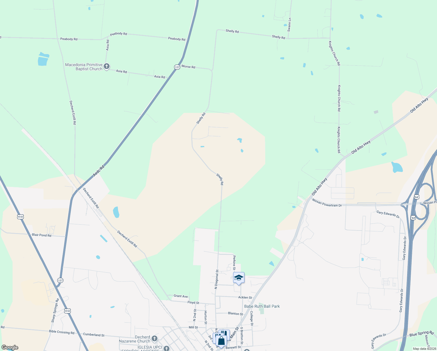 map of restaurants, bars, coffee shops, grocery stores, and more near Shelly Road in Decherd