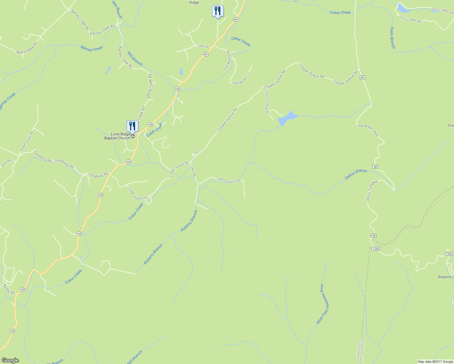 map of restaurants, bars, coffee shops, grocery stores, and more near Dalton Branch Road in Tellico Plains