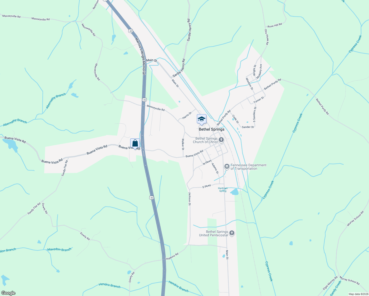 map of restaurants, bars, coffee shops, grocery stores, and more near 164 Walker St in Bethel Springs