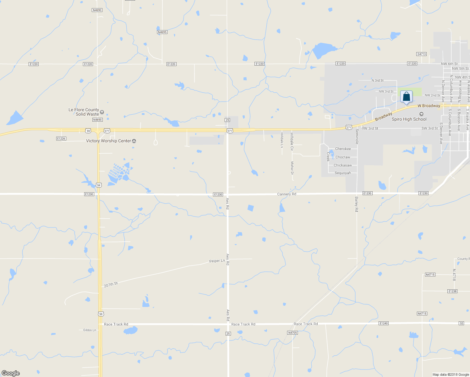 map of restaurants, bars, coffee shops, grocery stores, and more near 19936 Aes Road in Spiro