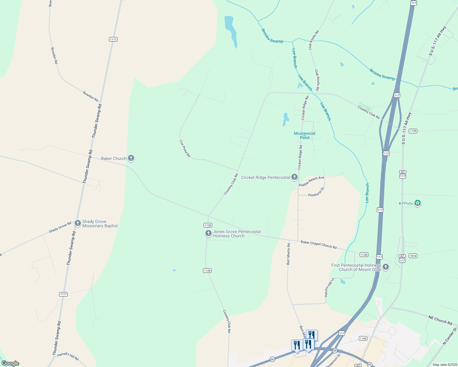 map of restaurants, bars, coffee shops, grocery stores, and more near 868 Country Club Rd in Mt Olive