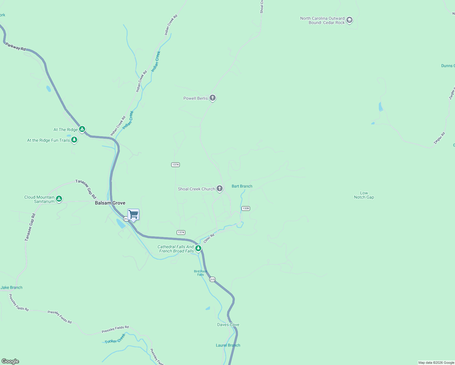 map of restaurants, bars, coffee shops, grocery stores, and more near 689 Shoal Creek Road in Balsam Grove