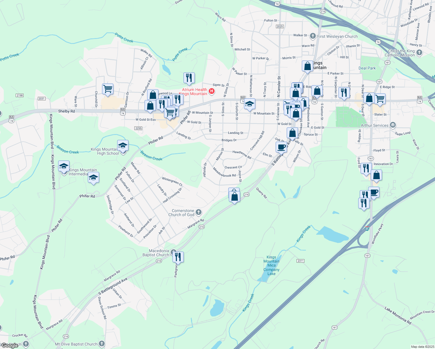 map of restaurants, bars, coffee shops, grocery stores, and more near 803 Meadowbrook Road in Kings Mountain