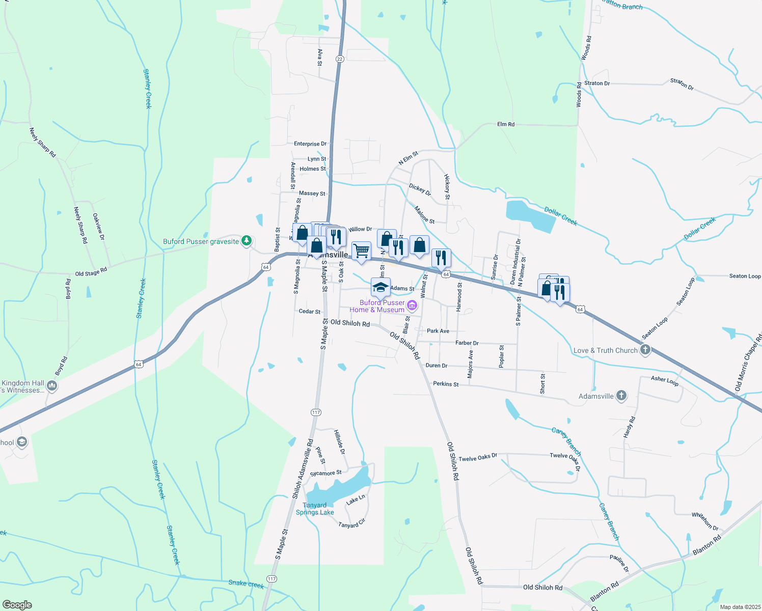map of restaurants, bars, coffee shops, grocery stores, and more near 220 S Elm St in Adamsville