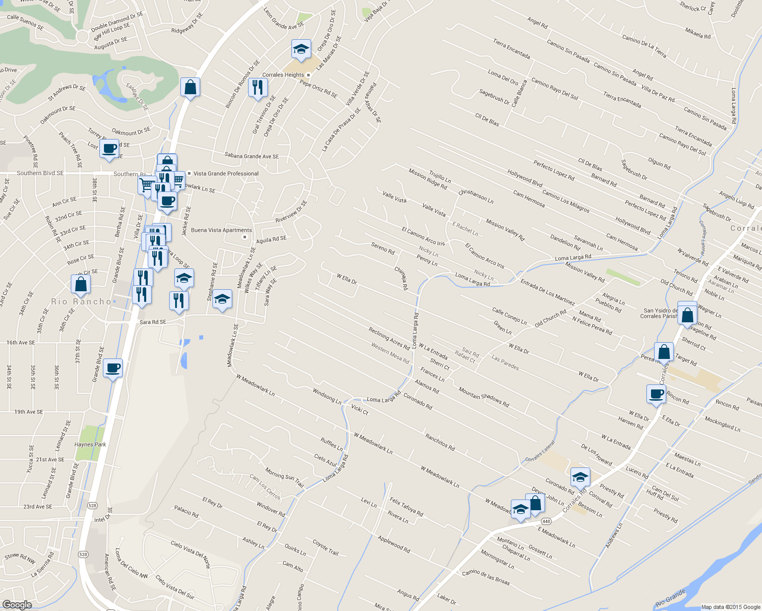 map of restaurants, bars, coffee shops, grocery stores, and more near 160 Sandia View Road in Corrales