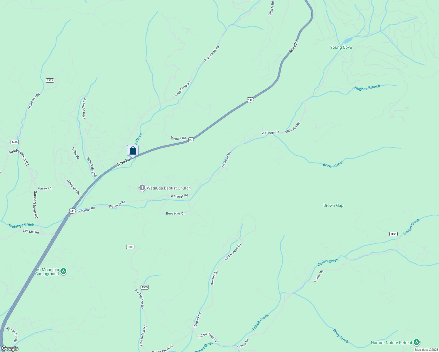 map of restaurants, bars, coffee shops, grocery stores, and more near 1350-1444 Watauga Road in Franklin