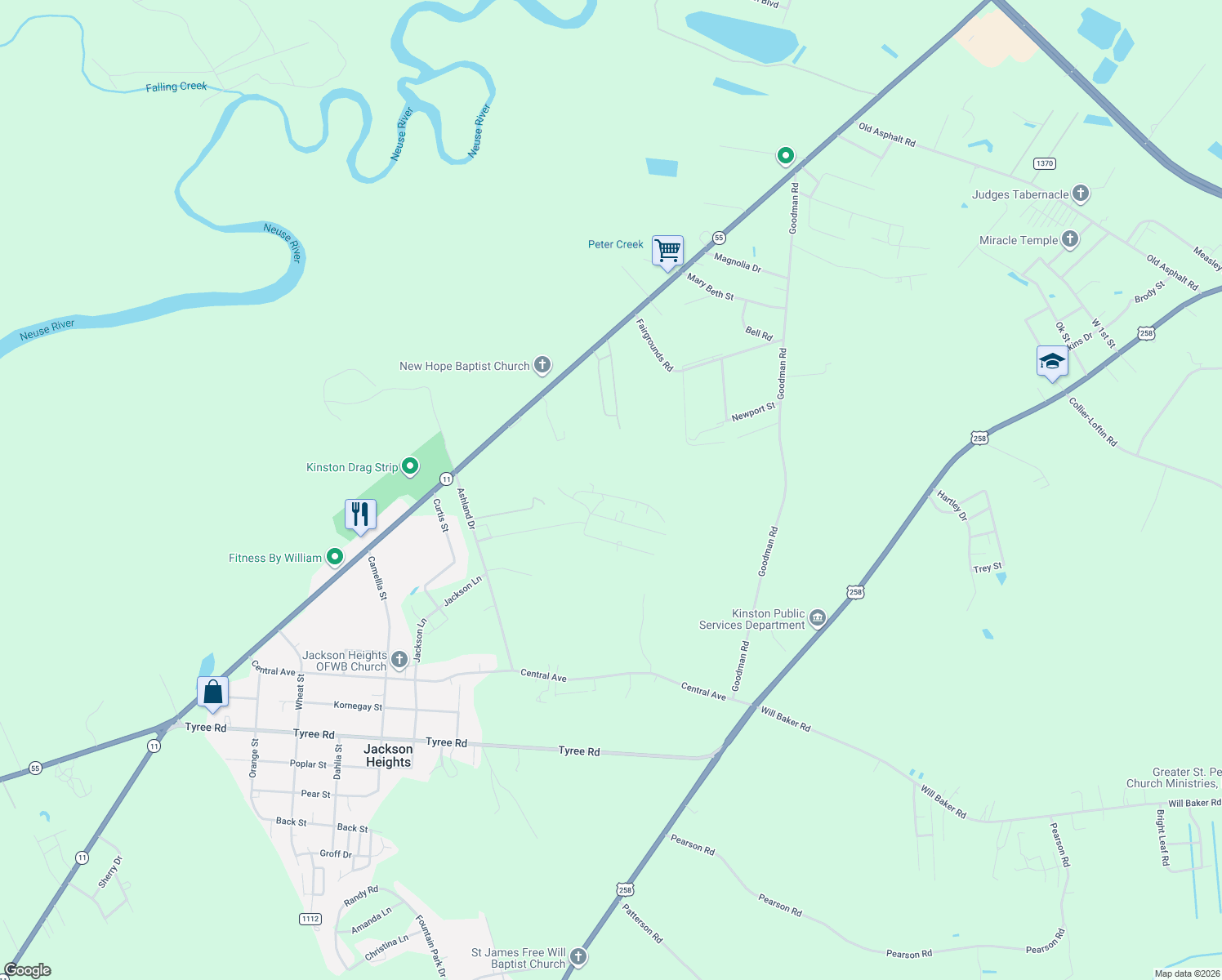 map of restaurants, bars, coffee shops, grocery stores, and more near 428 Wendy Ln in Kinston