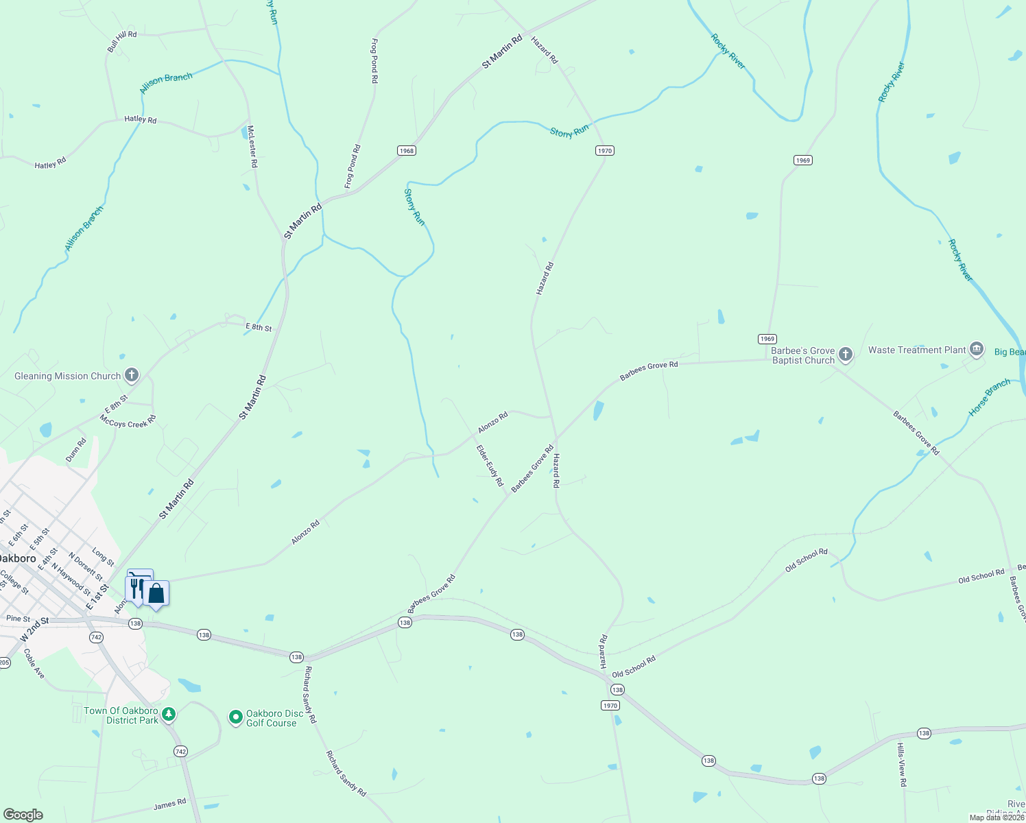 map of restaurants, bars, coffee shops, grocery stores, and more near 22987 Alonzo Road in Oakboro