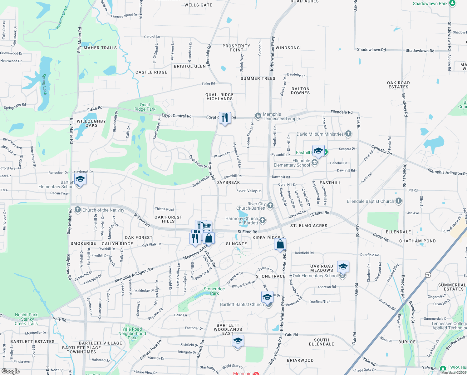 map of restaurants, bars, coffee shops, grocery stores, and more near 6623 Laurel Valley Drive in Memphis