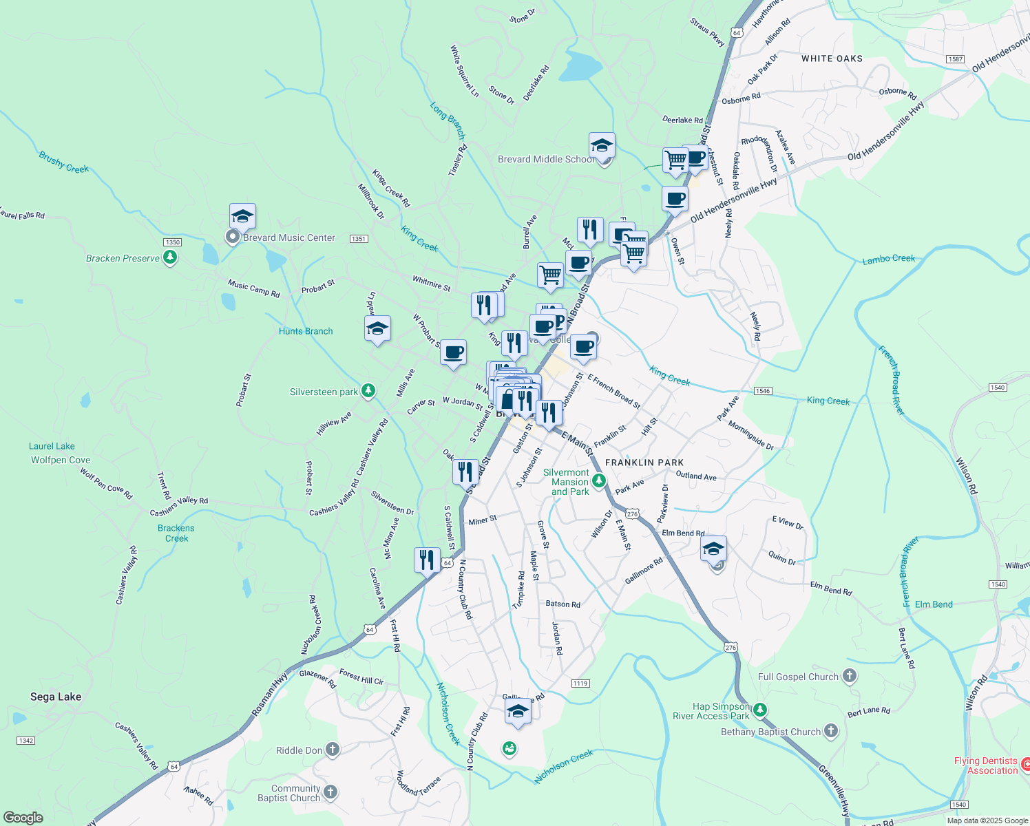 map of restaurants, bars, coffee shops, grocery stores, and more near in Brevard