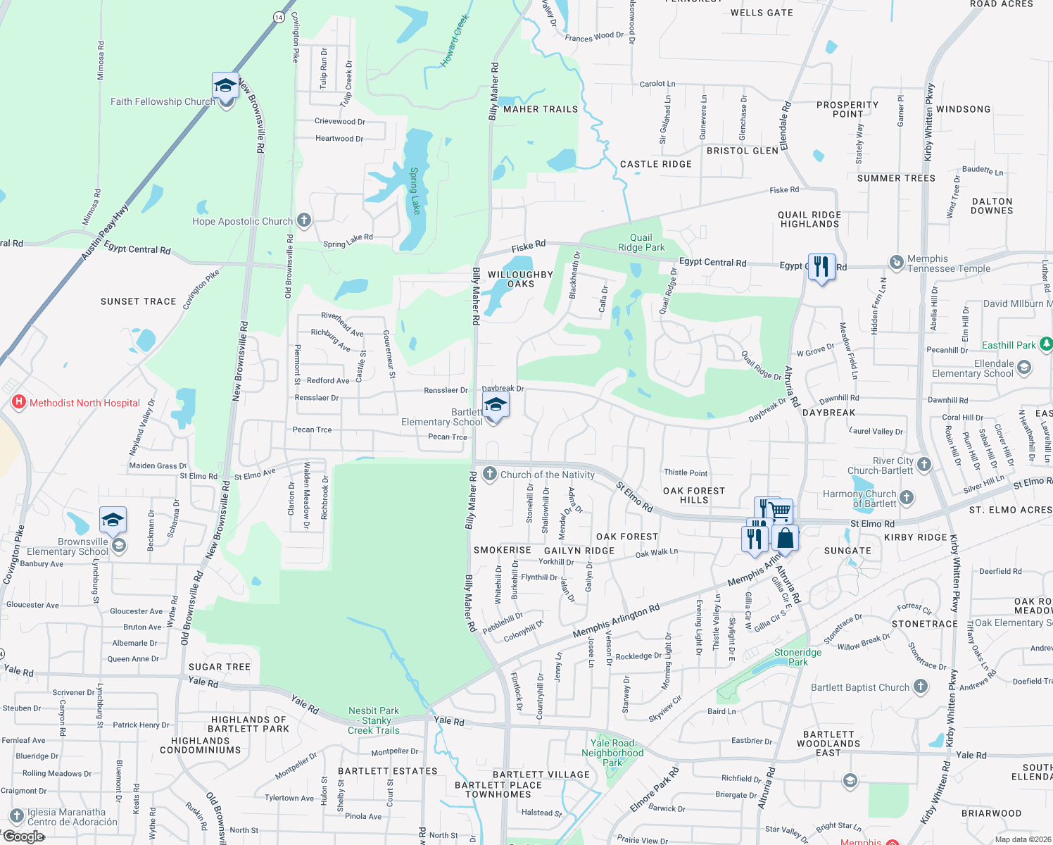 map of restaurants, bars, coffee shops, grocery stores, and more near 3951 Carla Lane in Bartlett