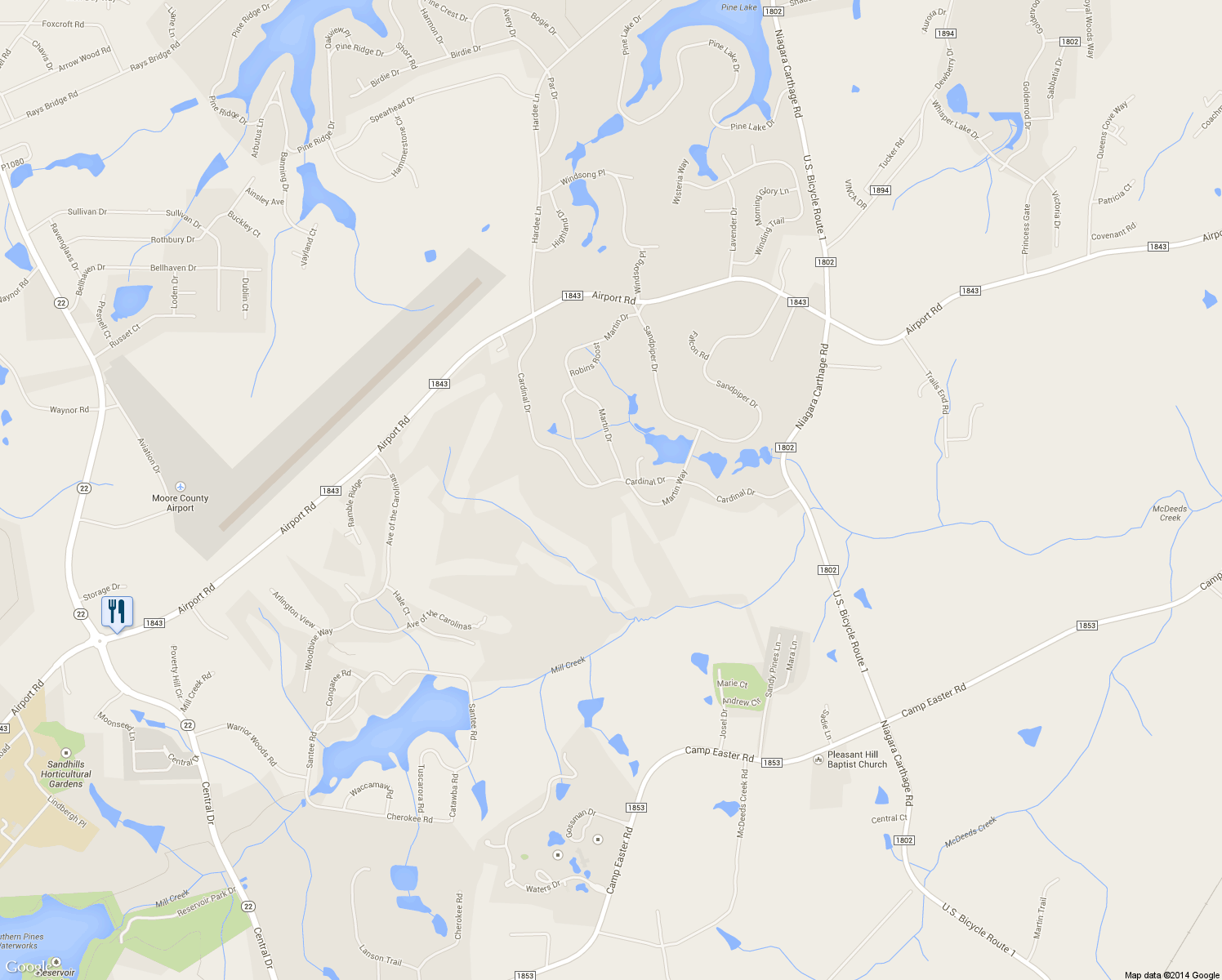 map of restaurants, bars, coffee shops, grocery stores, and more near 46 Cardinal Drive in Whispering Pines