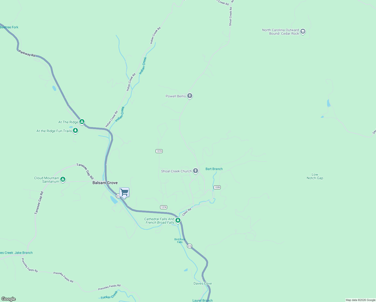 map of restaurants, bars, coffee shops, grocery stores, and more near 689 Shoal Creek Road in Balsam Grove