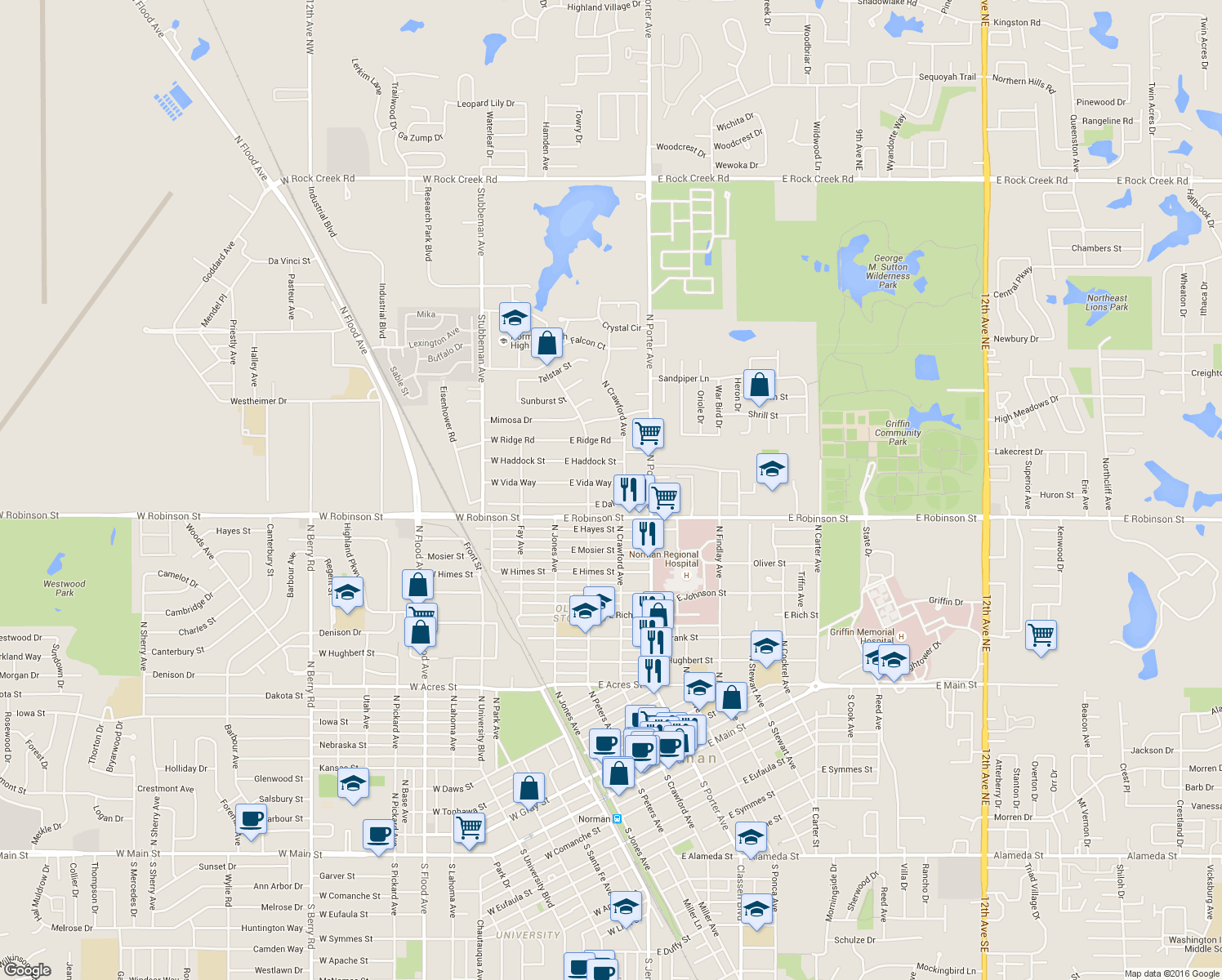 map of restaurants, bars, coffee shops, grocery stores, and more near 210 East Vida Way in Norman