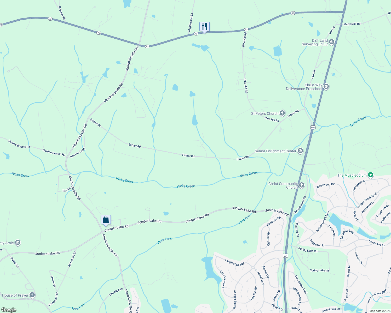 map of restaurants, bars, coffee shops, grocery stores, and more near Esther Road in Moore County