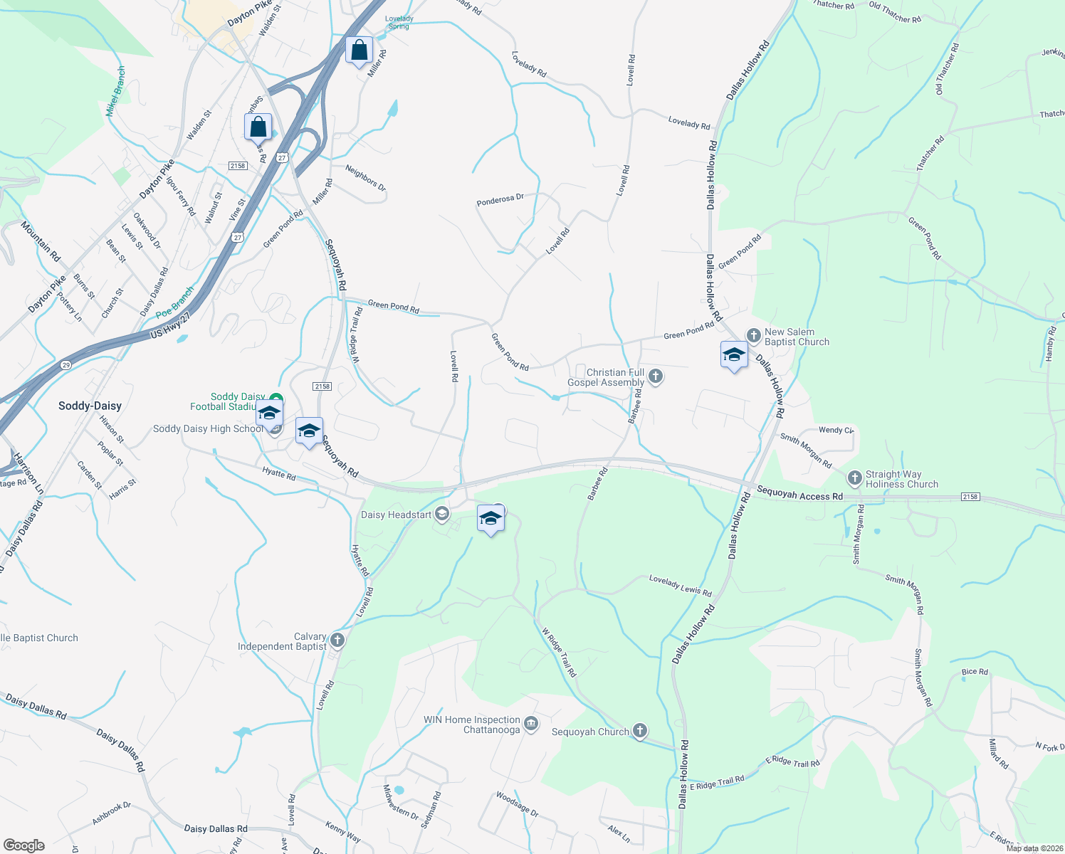 map of restaurants, bars, coffee shops, grocery stores, and more near 10471 Daffodil Circle in Soddy-Daisy